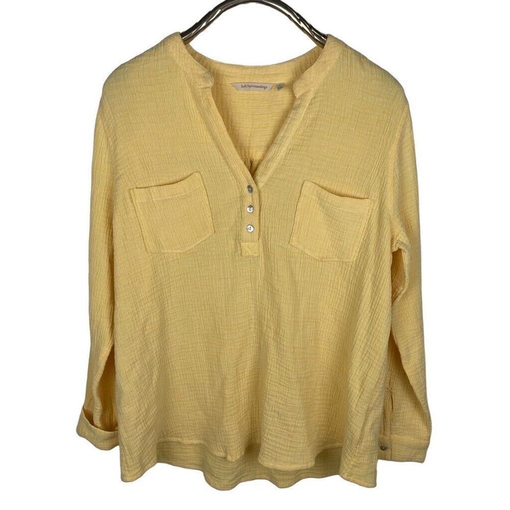 Soft Surroundings Yellow Long Sleeve Cotton‎ Gauze Popover Top Tunic Size Large